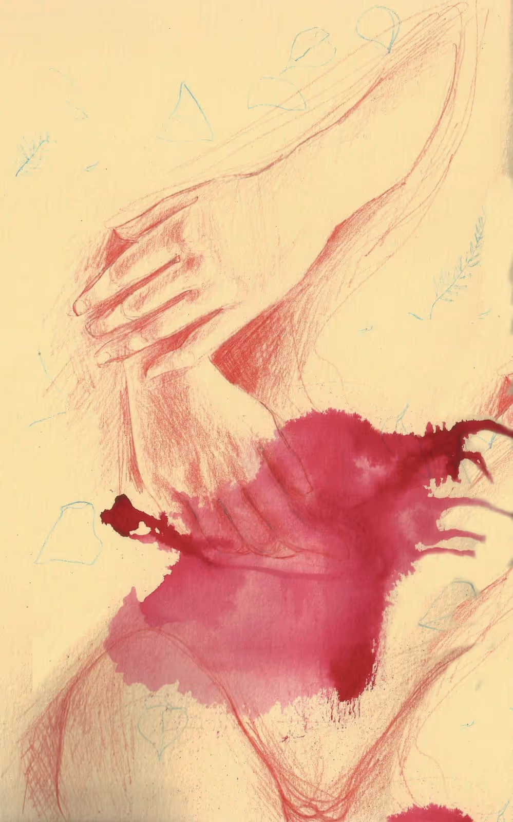Ilustración: figura con el brazo alzado y una mancha de acuarela magenta sobre el pecho, de Marisa González Díaz