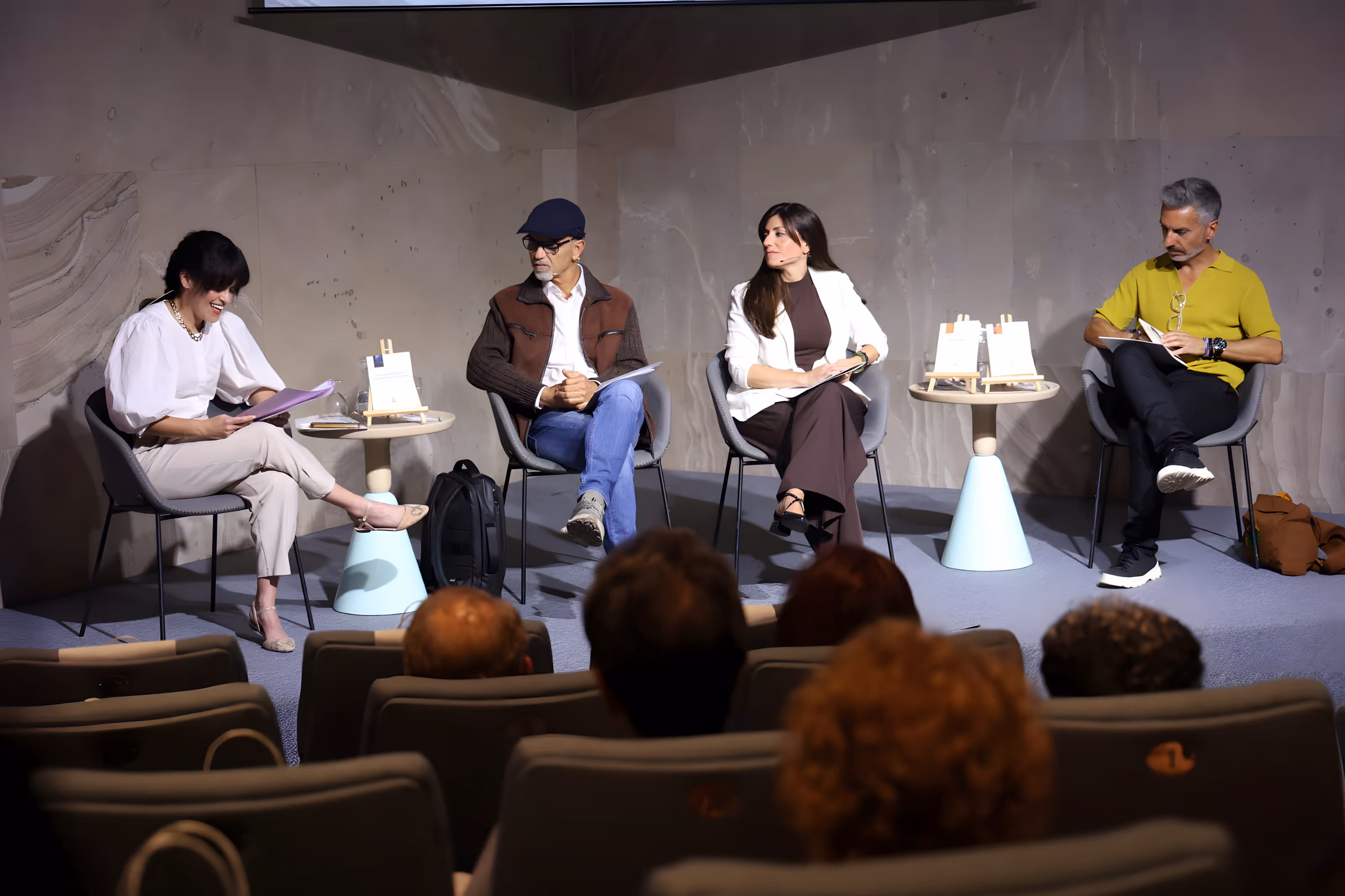 Acto de presentación de los Premios Literarios de CajaCanarias en la Fundación CajaCanarias, con los autores premiados en el estrado ante el público