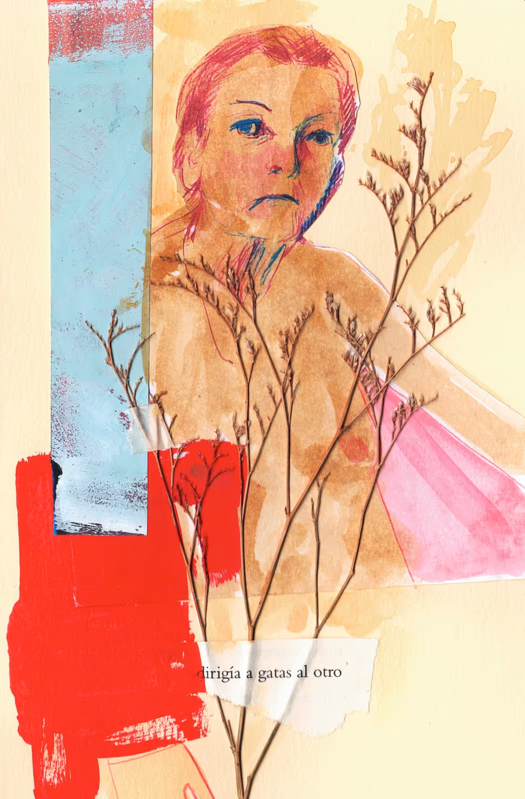 Ilustración: figura juvenil entre ramas secas sobre franjas de color azul y rojo, de Marisa González Díaz